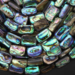 Genuine Natural Abalone Shell Smooth Rounded Rectangle Nugget Beads Iridescent Rainbow Glow Blue Green 15.5" Strand