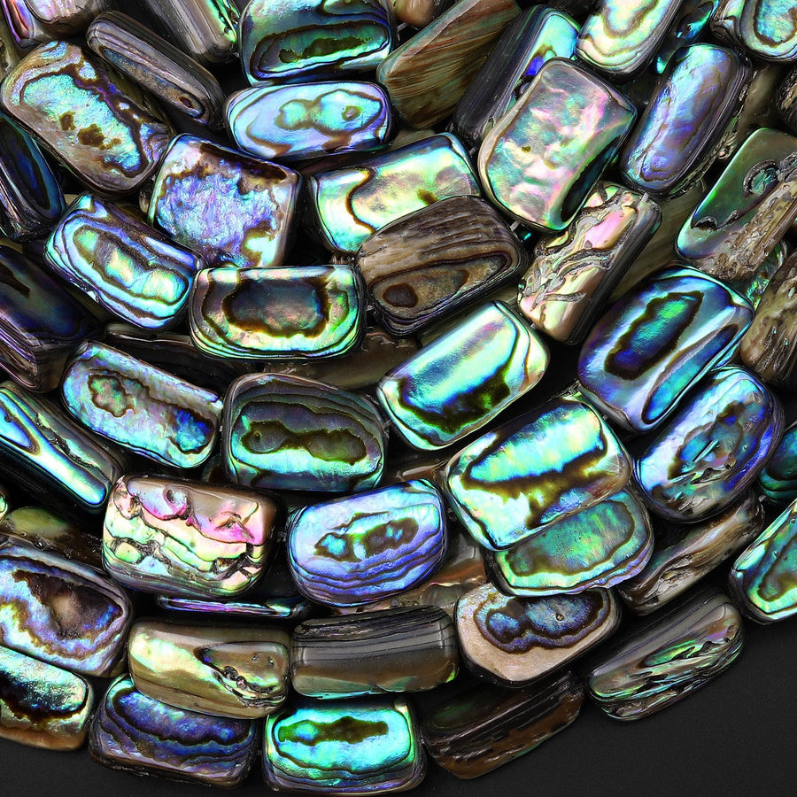 Genuine Natural Abalone Shell Smooth Rounded Rectangle Nugget Beads Iridescent Rainbow Glow Blue Green 15.5" Strand
