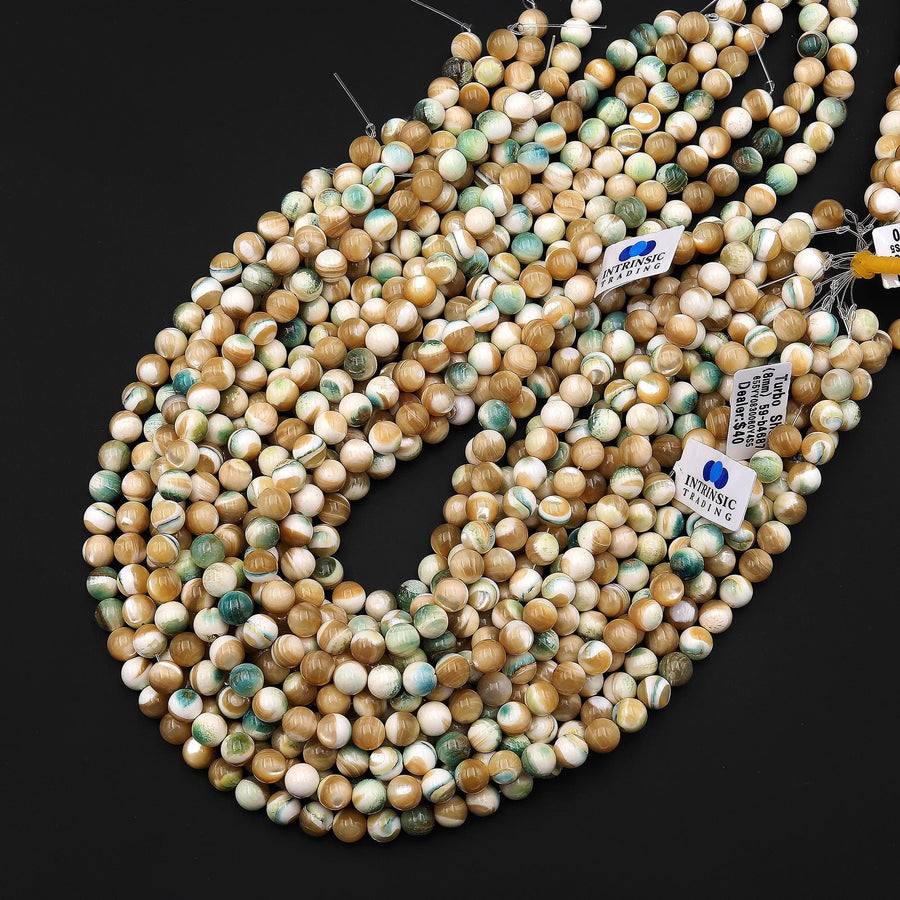 AAA Natural Turbo Green Brown Mother of Pearl 8mm 10mm Smooth Round Beads Iridescent Shell 15.5" Strand
