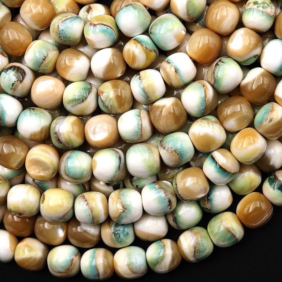 AAA Natural Turbo Green Brown Mother of Pearl 8mm 10mm Smooth Rounded Barrel Beads Iridescent Shell 15.5" Strand