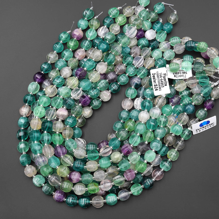 Carved Natural Green Fluorite 11mm Geometric Melon Round Beads 15.5" Strand