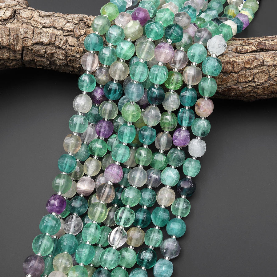 Carved Natural Green Fluorite 11mm Geometric Melon Round Beads 15.5" Strand