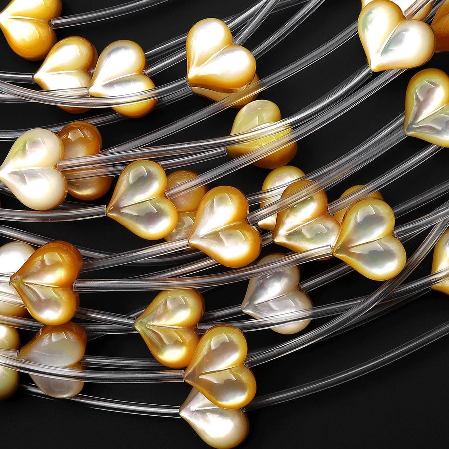 AAA Natural Golden Yellow Mother of Pearl Hand Carved Heart Beads 8mm 10mm 12mm