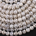 White Tibetan Agate 8mm 10mm Round Beads Dzi Agate Brown Etched Eye Mala Antique Boho Beads 15.5" Strand