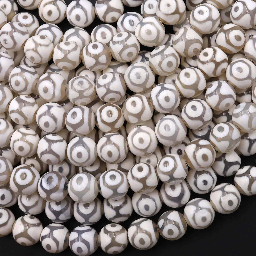 White Tibetan Agate 8mm 10mm Round Beads Dzi Agate Brown Etched Eye Mala Antique Boho Beads 15.5" Strand