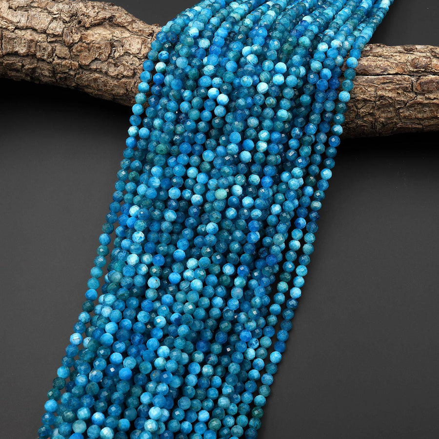 AAA Faceted Natural Sky Blue Apatite 3mm 4mm Round Beads Gemstone 15.5" Strand