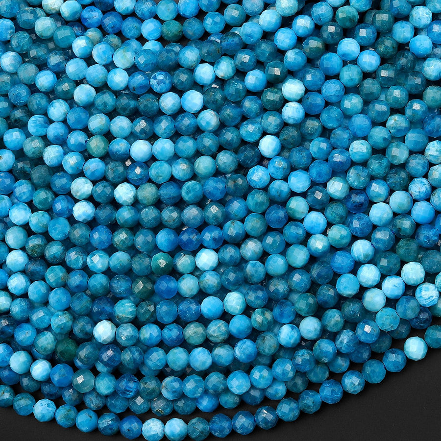 AAA Faceted Natural Sky Blue Apatite 3mm 4mm Round Beads Gemstone 15.5" Strand