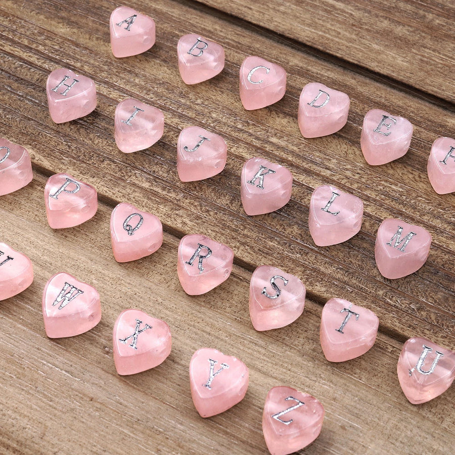 AAA Laser Engraved Drilled Natural Pink Rose Quartz Heart Beads 8mm Choose from 26 Alphabet Letters Name Initial