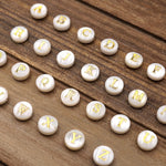 AAA Iridescent Hand Made Natural White Mother of Pearl Shell Beads 8mm Coin Gold Engraving Choose from 26 Alphabet Letters Name Initial