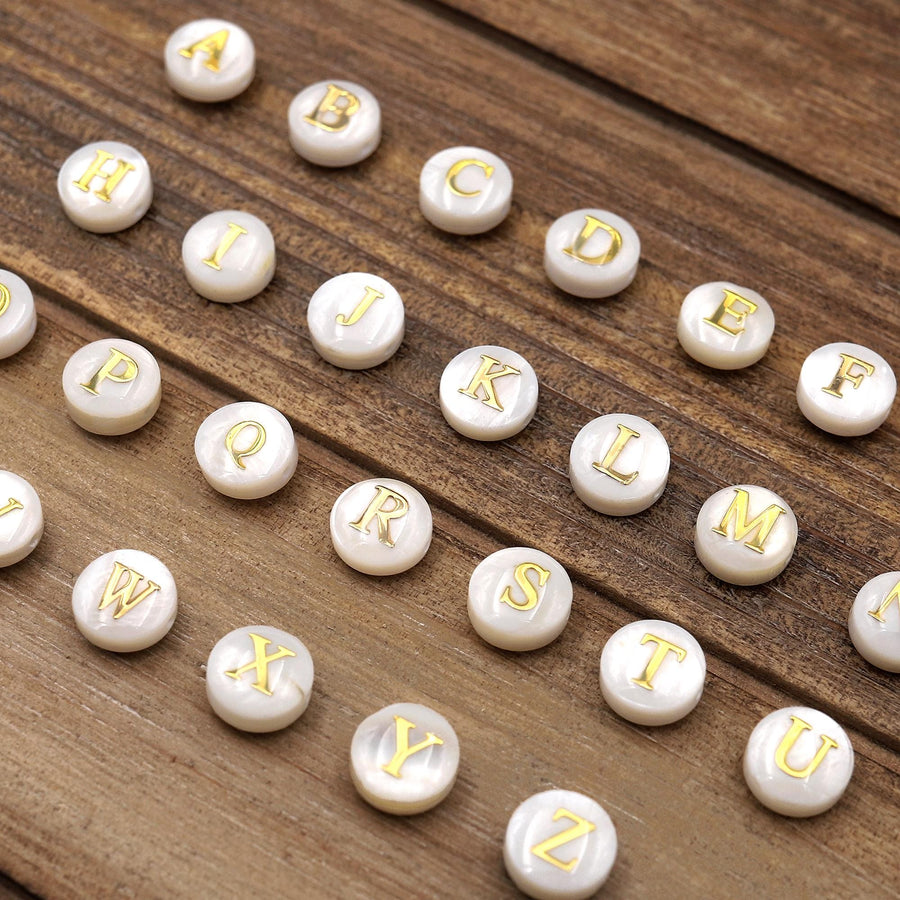 AAA Iridescent Hand Made Natural White Mother of Pearl Shell Beads 8mm Coin Gold Engraving Choose from 26 Alphabet Letters Name Initial
