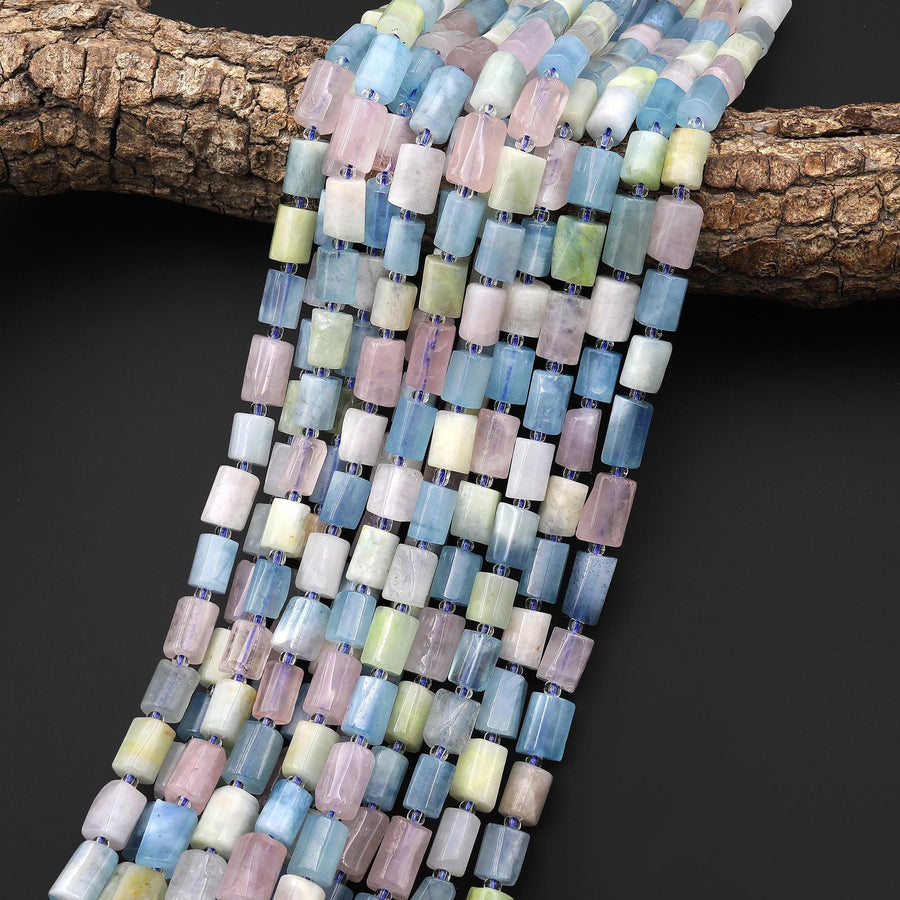 Natural Blue Yellow Green Aquamarine Pink Morganite Tube Beads 15.5" Strand