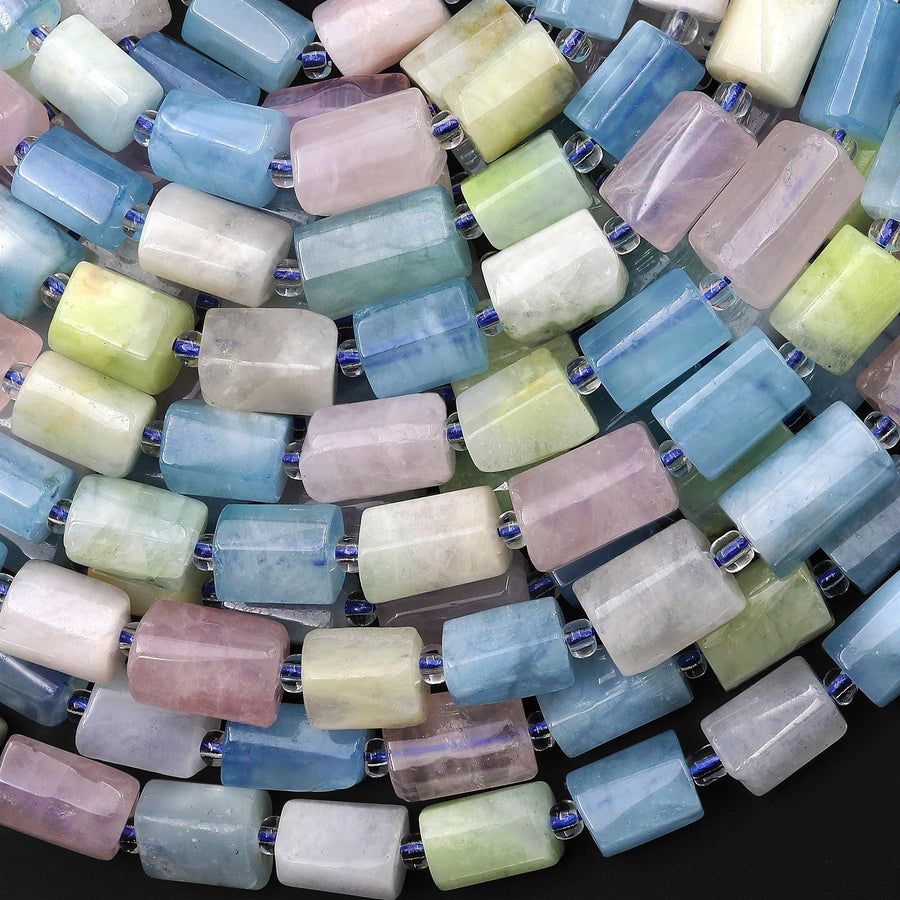 Natural Blue Yellow Green Aquamarine Pink Morganite Tube Beads 15.5" Strand