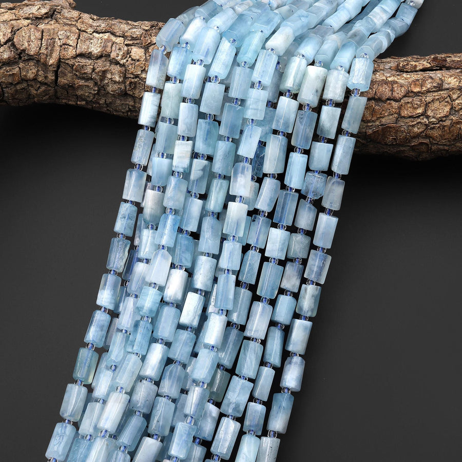 Natural Blue Aquamarine Tube Cylinder Gemstone Beads 15.5" Strand