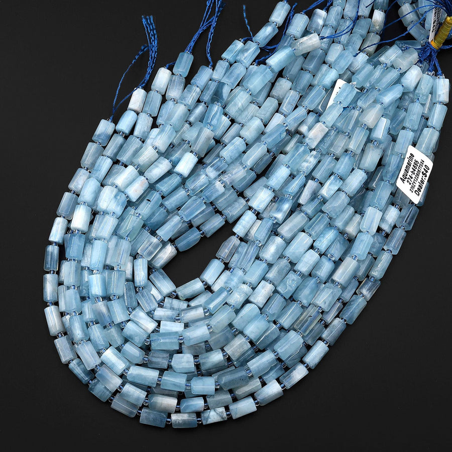 Natural Blue Aquamarine Tube Cylinder Gemstone Beads 15.5" Strand