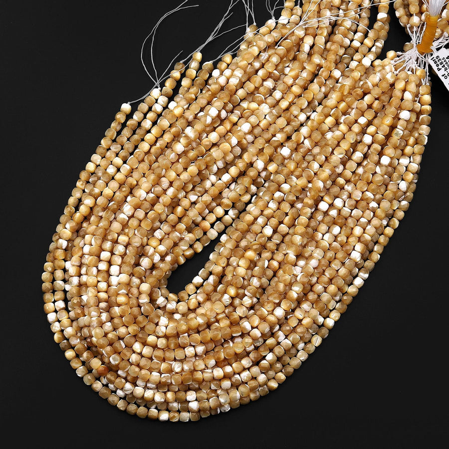 Faceted Natural Golden Brown Mother of Pearl Shell Cube Beads 4mm 15.5" Strand