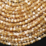 Faceted Natural Golden Brown Mother of Pearl Shell Cube Beads 4mm 15.5" Strand
