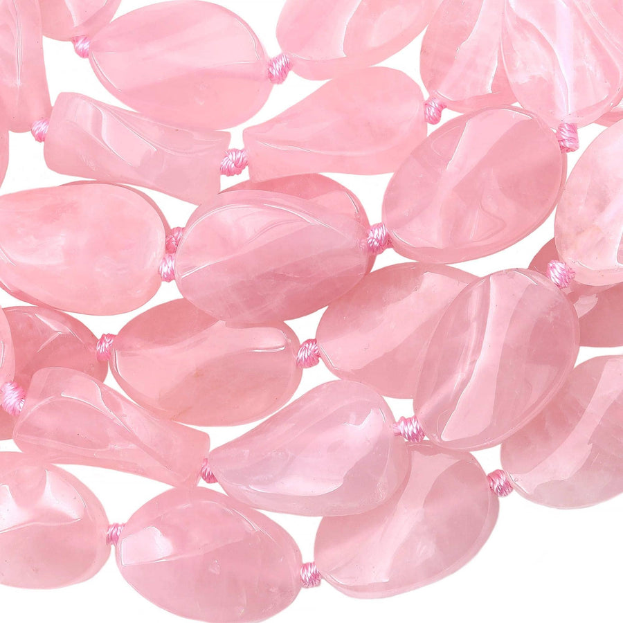 AAA Large Natural Madagascar Pink Rose Quartz Wavy Oval Beads Strand 15.5" Strand