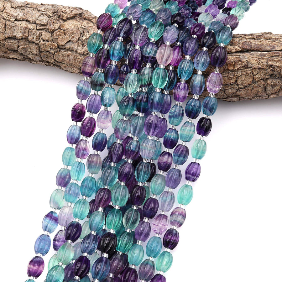 Natural Blue Green Purple Fluorite Carved Melon Barrel Tube Beads 8x10mm 3D