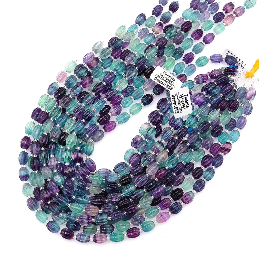 Natural Blue Green Purple Fluorite Carved Melon Barrel Tube Beads 8x10mm 3D