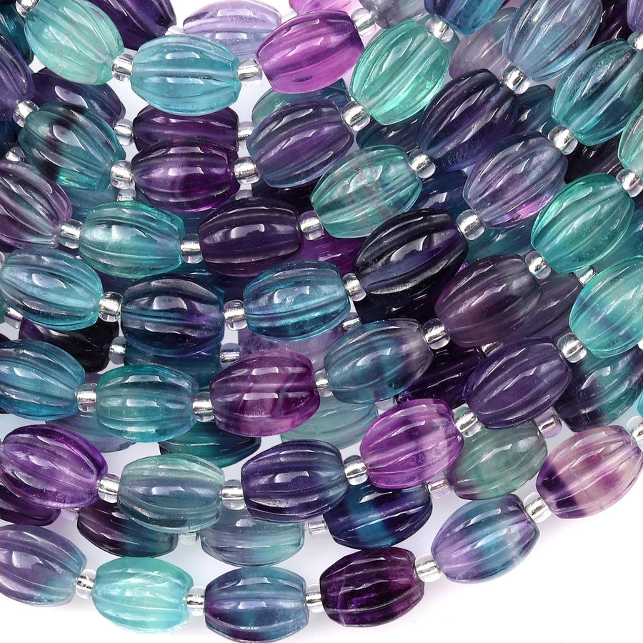 Natural Blue Green Purple Fluorite Carved Melon Barrel Tube Beads 8x10mm 3D