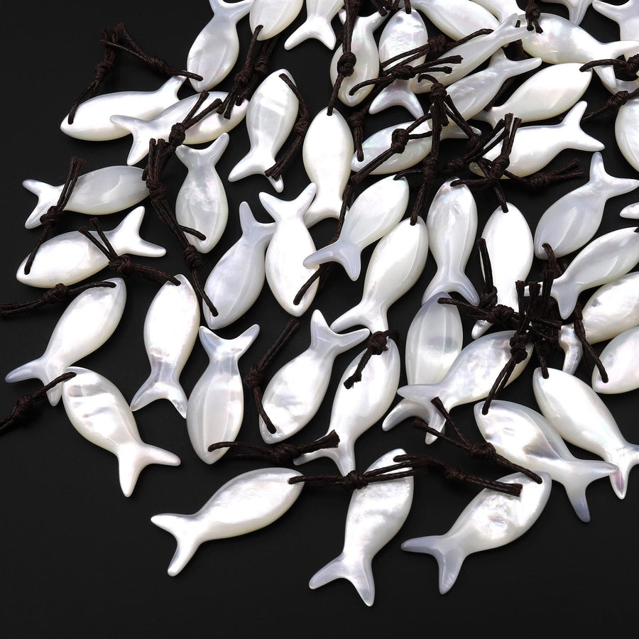 AAA Iridescent Hand Carved Natural White Mother of Pearl Fish Pendant