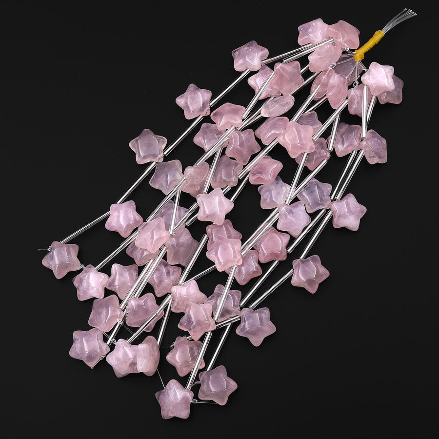 Natural Pink Rose Quartz Hand Carved Puffy Star Gemstone Beads 22mm Top Side Drilled 8" Strand