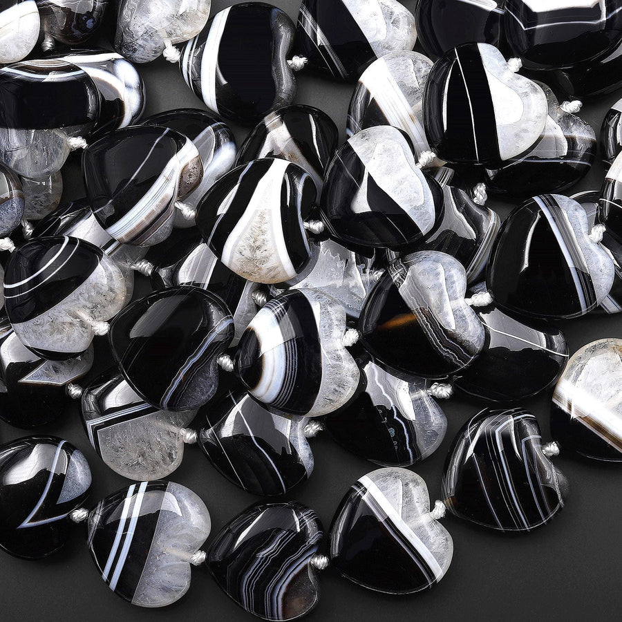 AAA Natural Striped Black Tuxedo Agate Smooth Heart Beads 20mm 15.5" Strand