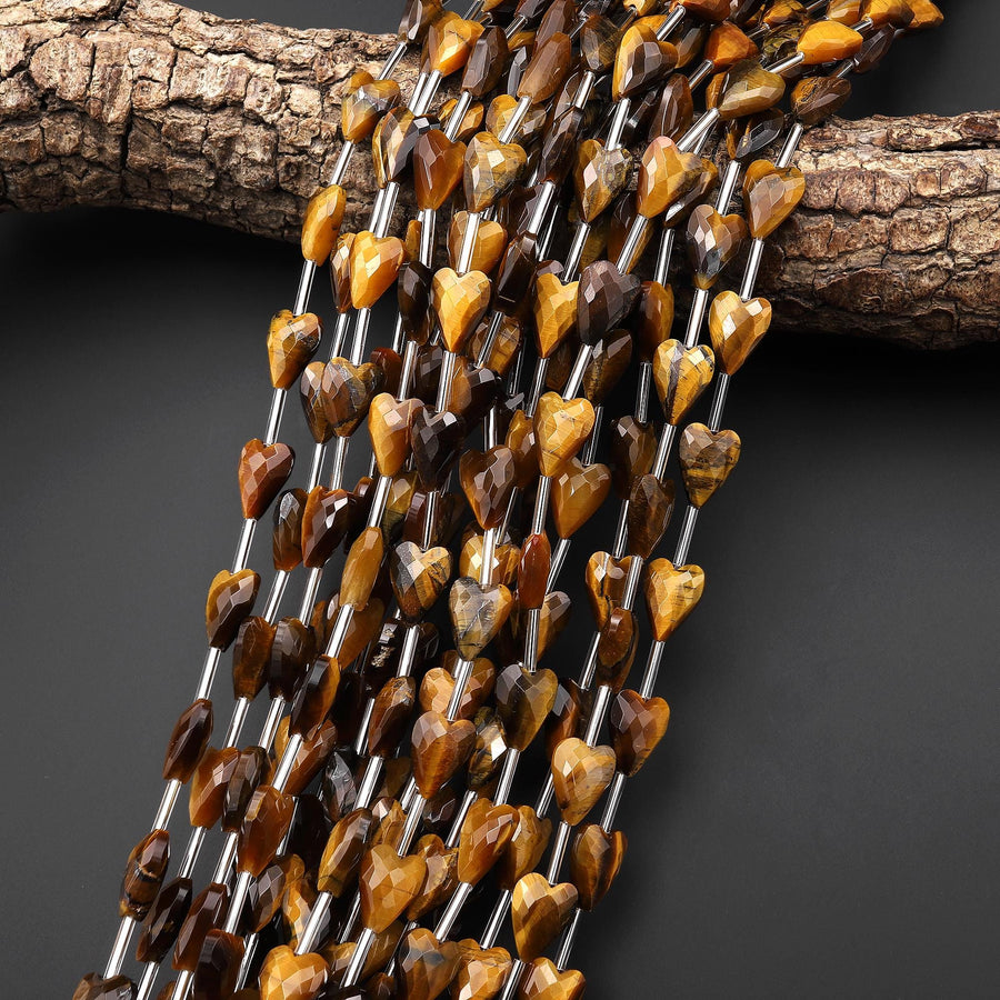 Faceted Natural Golden Tiger's Eye Heart Beads 8x12mm Gemstone 15.5" Strand