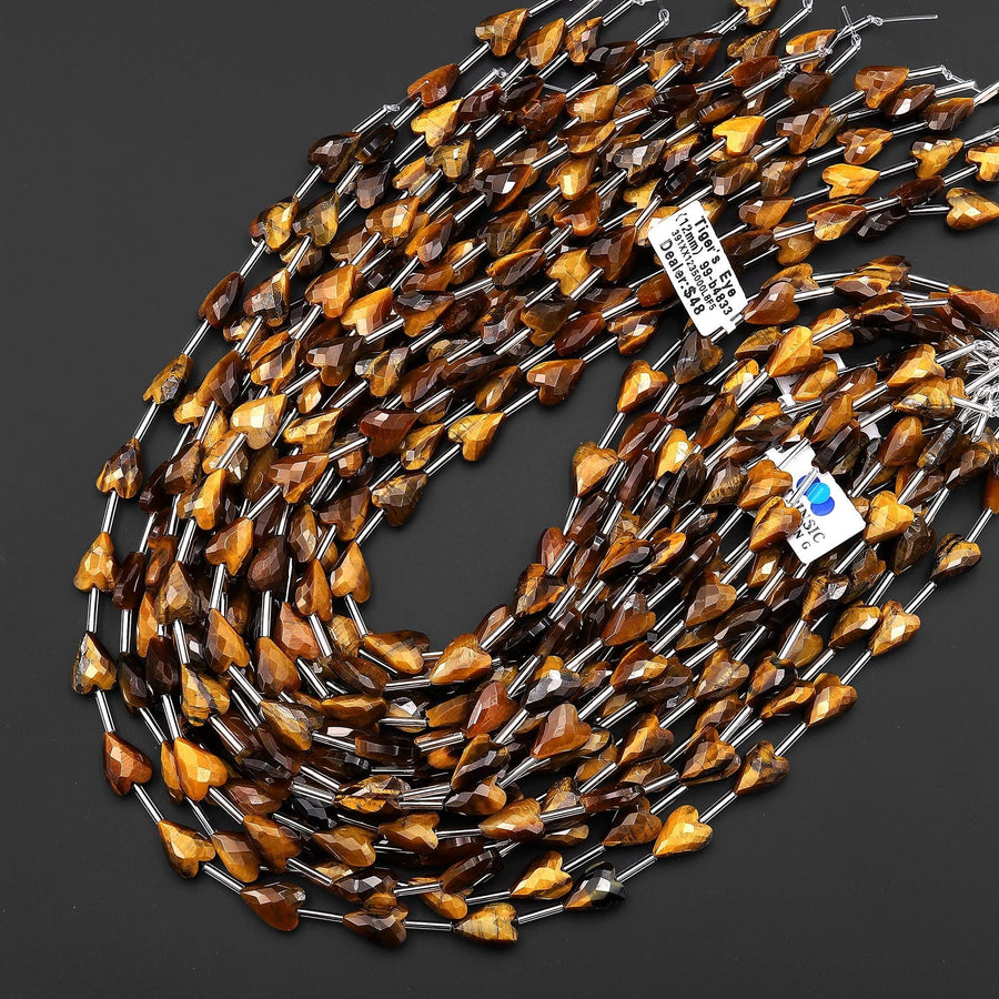 Faceted Natural Golden Tiger's Eye Heart Beads 8x12mm Gemstone 15.5" Strand