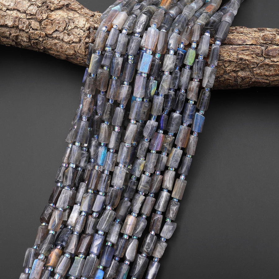 Natural Labradorite Smooth Thin Tube Beads Lots of Rainbow Flashes 15.5" Strand