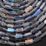 Natural Labradorite Smooth Thin Tube Beads Lots of Rainbow Flashes 15.5" Strand
