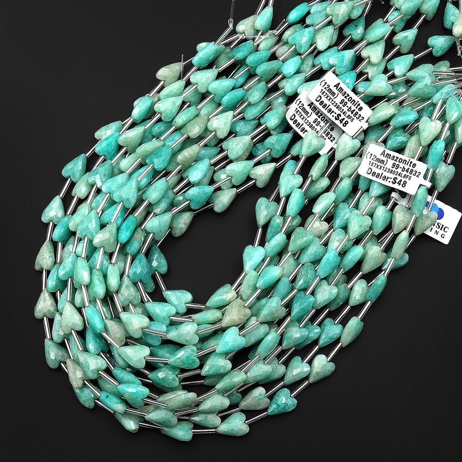 Faceted Natural Sea Blue Green Peruvian Amazonite Heart Beads 8x12mm Gemstone 15.5" Strand