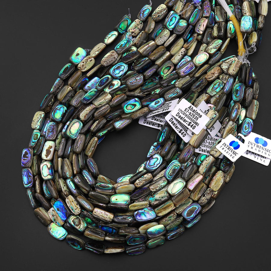 Genuine Natural Abalone Shell Smooth Rounded Rectangle Nugget Beads Iridescent Rainbow Glow Blue Green 15.5" Strand b2535