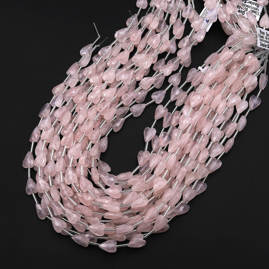 Faceted Natural Pink Rose Quartz Heart Beads 8x12mm Gemstone 15.5" Strand