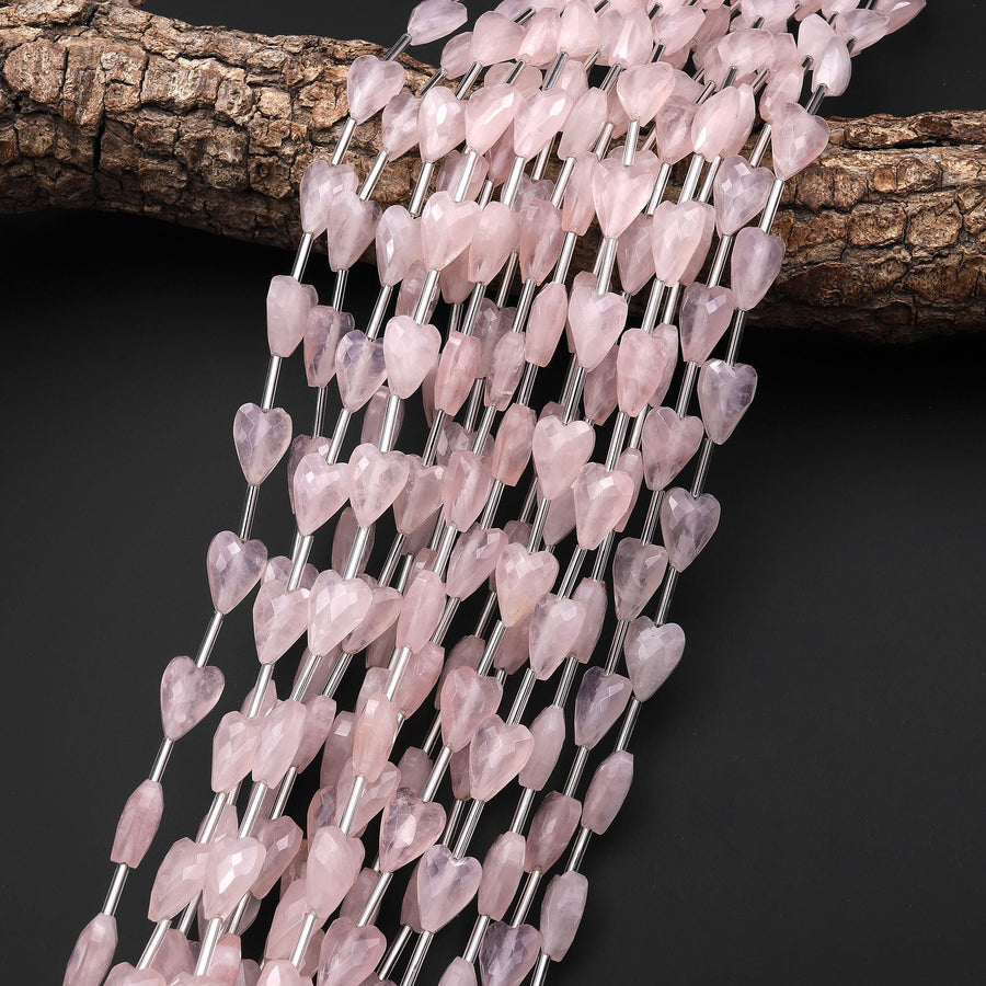 Faceted Natural Pink Rose Quartz Heart Beads 8x12mm Gemstone 15.5" Strand