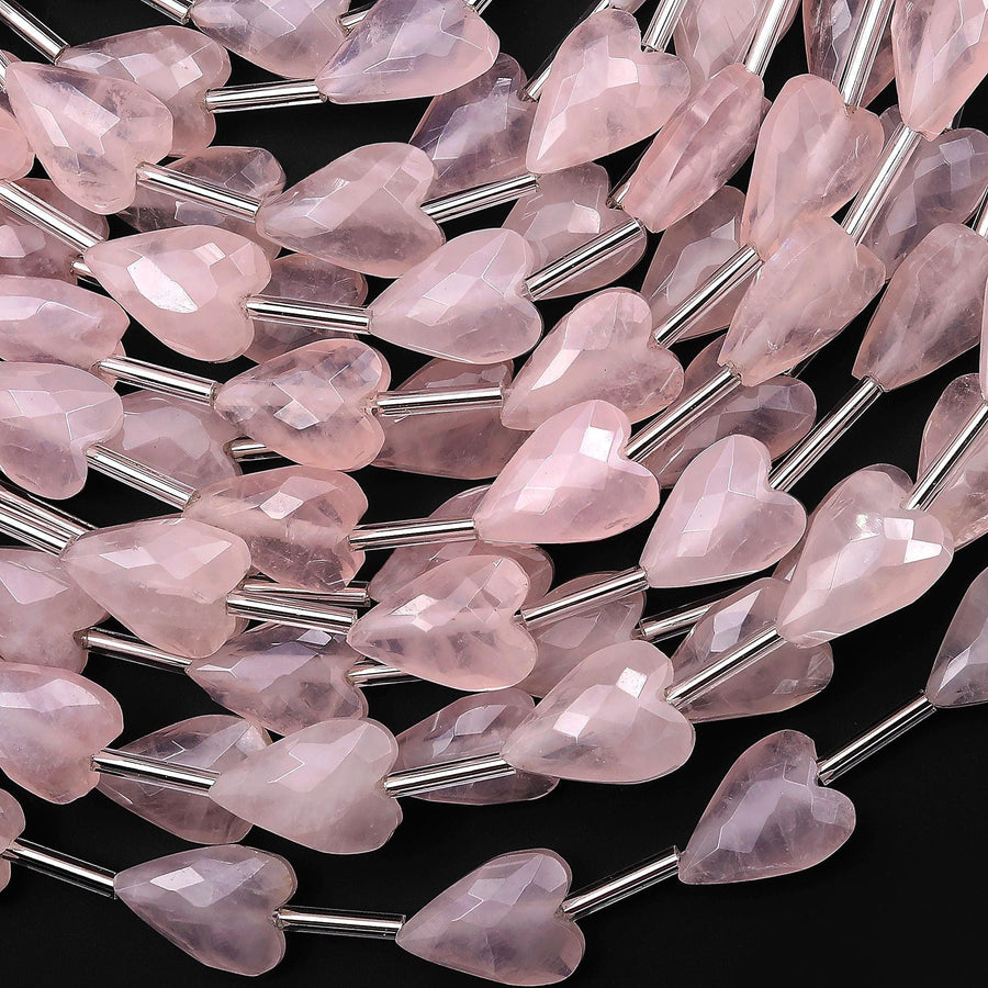 Faceted Natural Pink Rose Quartz Heart Beads 8x12mm Gemstone 15.5" Strand