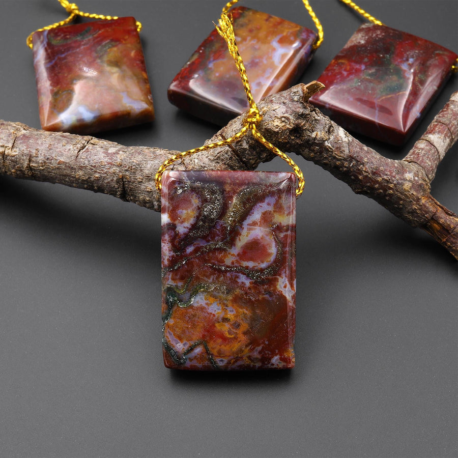 From Oregon USA Natural Marston Agate Ranch Jasper Rectangle Side Drilled Pendant Earthy Green Red Brown American Gemstone