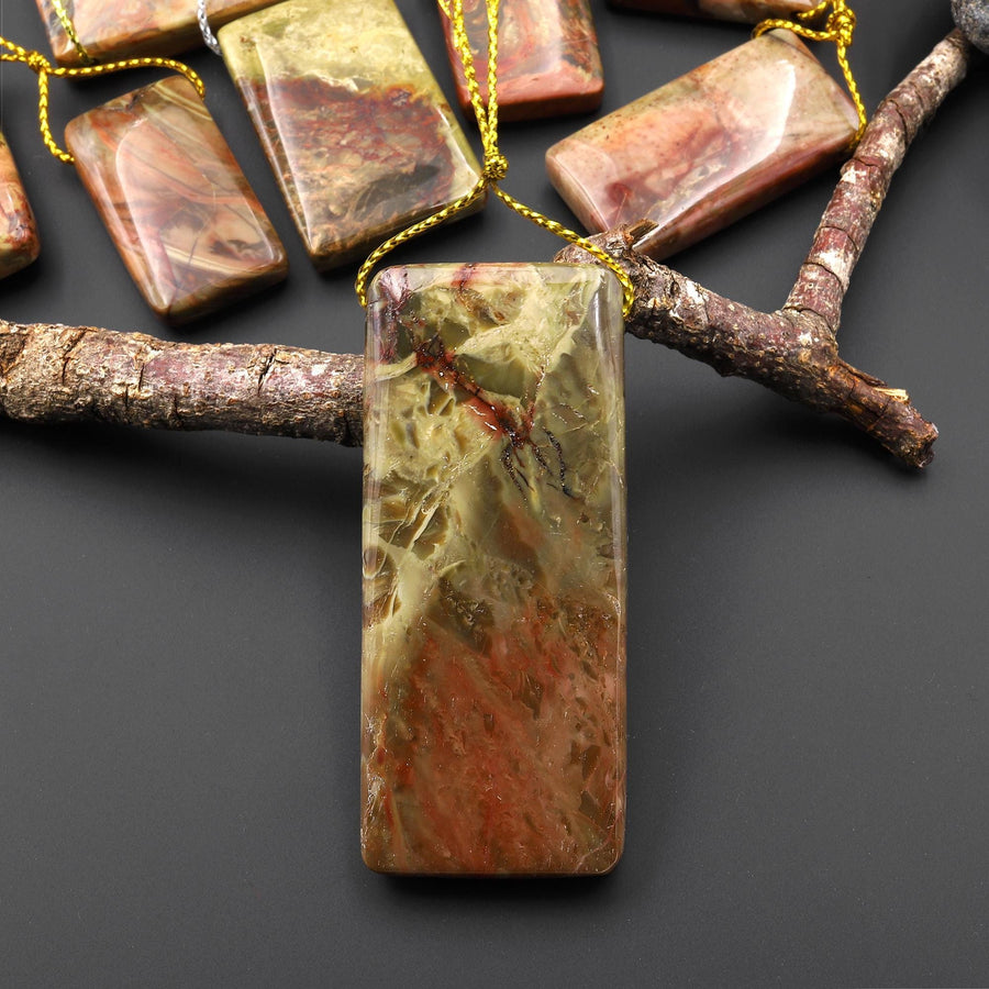 From Oregon USA Natural Carrasite Jasper Rectangle Pendant Earthy Pink Peach Green Orange Brown American Gemstone