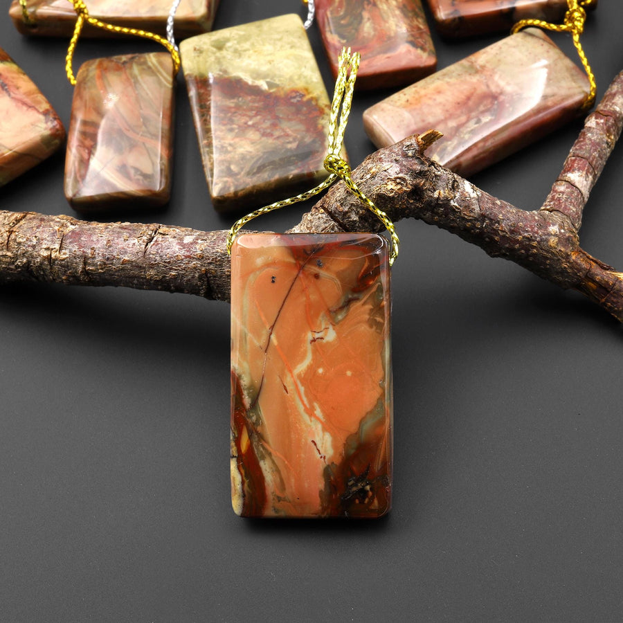 From Oregon USA Natural Carrasite Jasper Rectangle Pendant Earthy Pink Peach Green Orange Brown American Gemstone