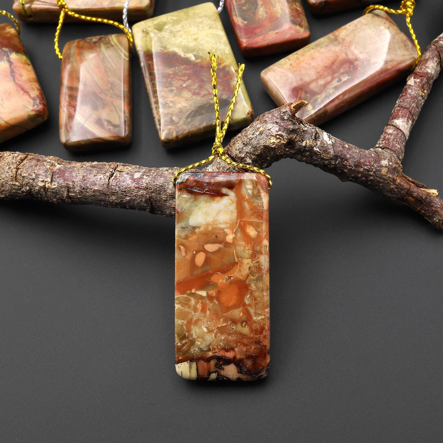 From Oregon USA Natural Carrasite Jasper Rectangle Pendant Earthy Pink Peach Green Orange Brown American Gemstone