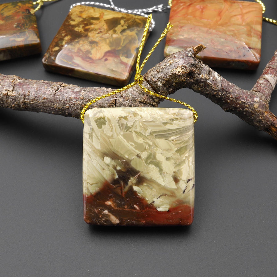 From Oregon USA Natural Carrasite Jasper Square Pendant Earthy Pink Peach Green Orange Brown American Gemstone