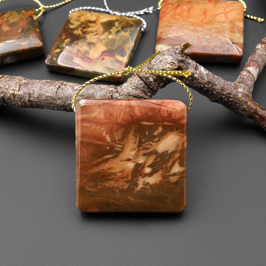 From Oregon USA Natural Carrasite Jasper Square Pendant Earthy Pink Peach Green Orange Brown American Gemstone