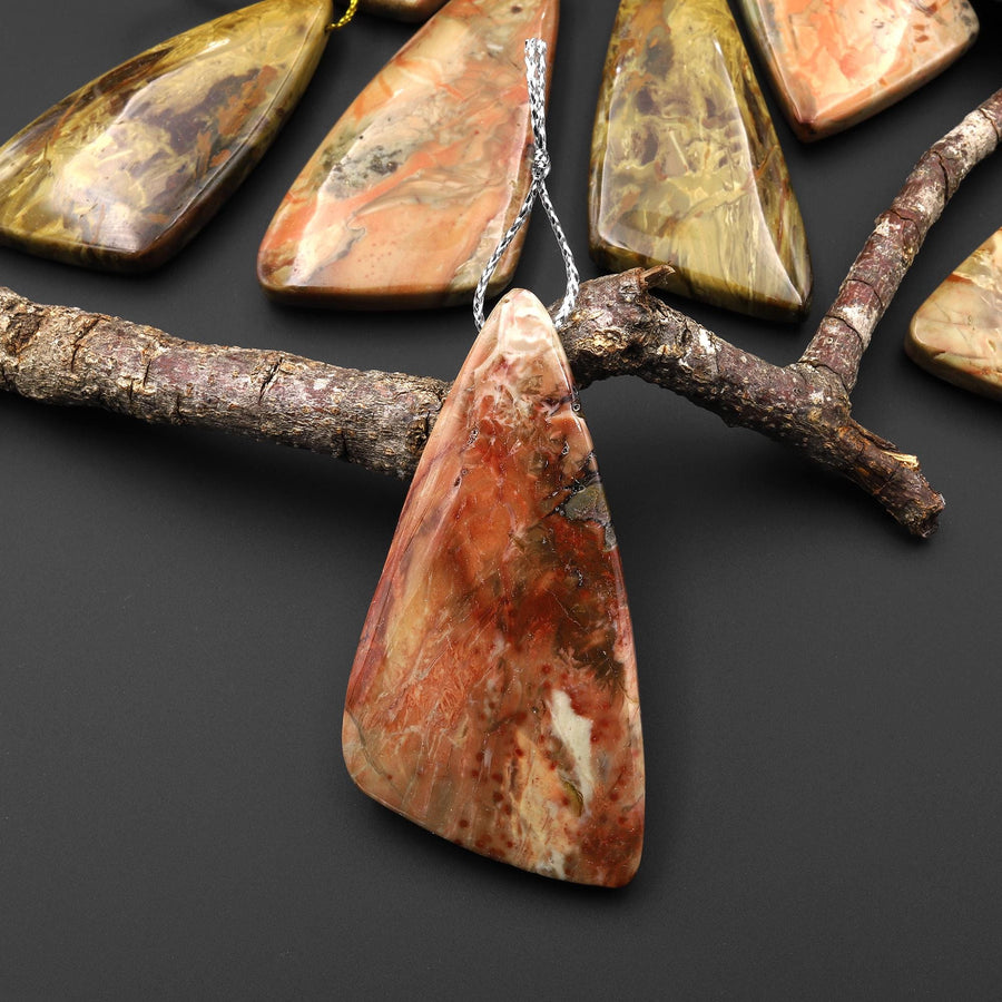 From Oregon USA Natural Carrasite Jasper Abstract Butterfly Wing Triangle Pendant Earthy Pink Peach Green Orange Brown American Gemstone