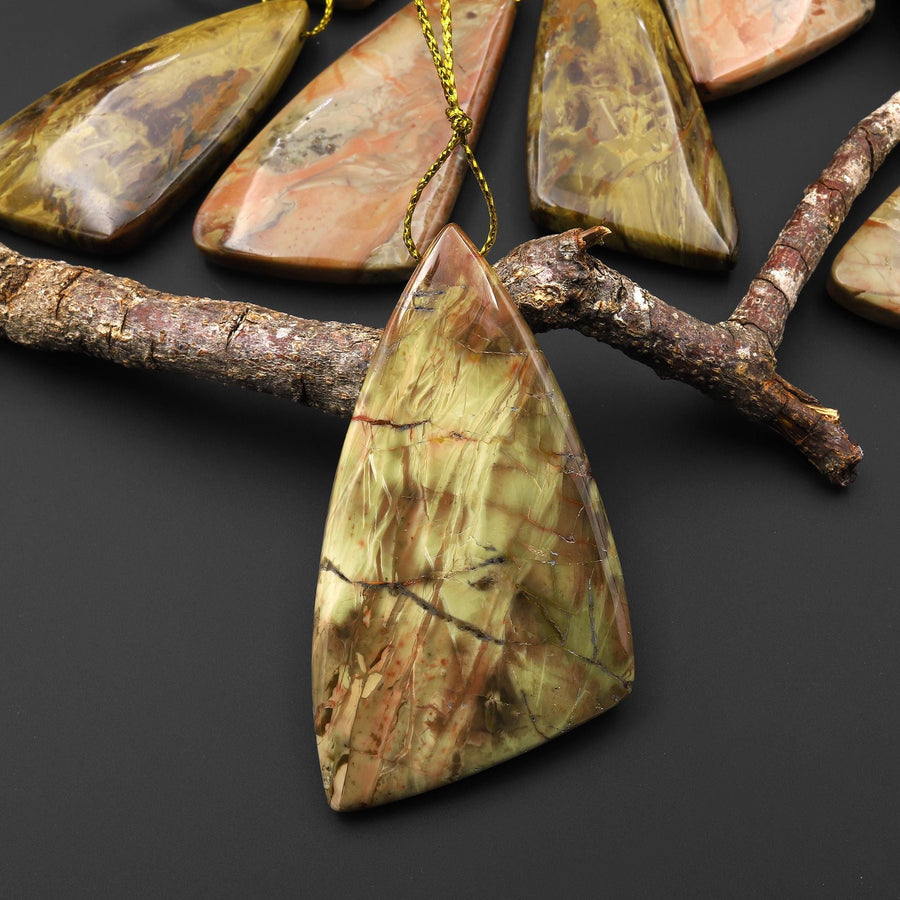 From Oregon USA Natural Carrasite Jasper Abstract Butterfly Wing Triangle Pendant Earthy Pink Peach Green Orange Brown American Gemstone A2