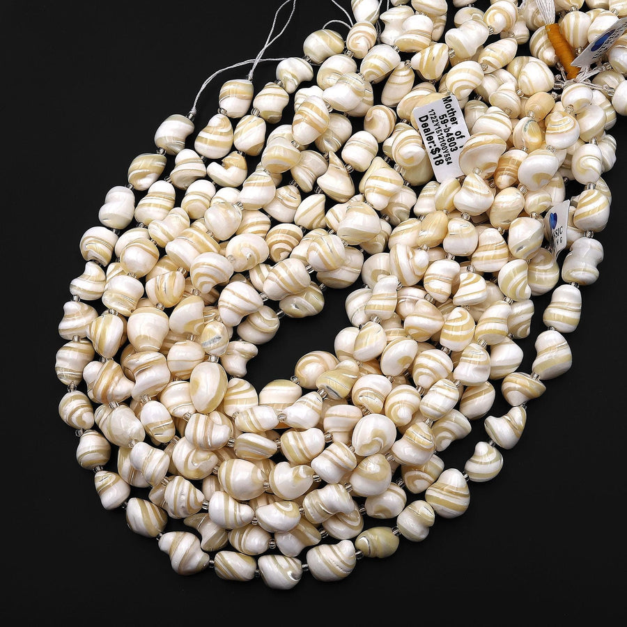 Natural White Mother of Pearl Nugget Beads Iridescent Creamy Brown Swirls 15.5" Strand
