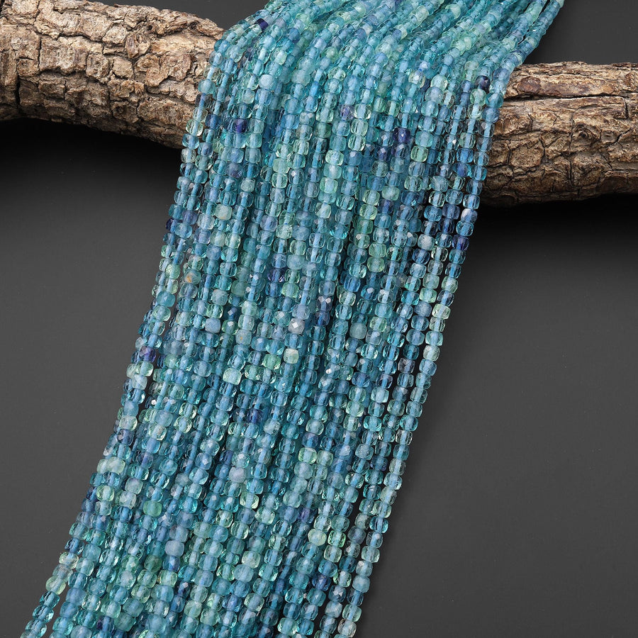 AAA Natural Gemmy Translucent Blue Fluorite Faceted 4mm Cube Beads Gemstone 15.5" Strand