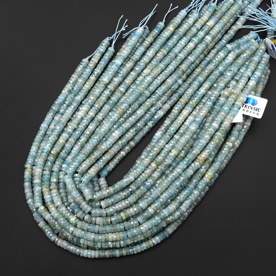 AAA Faceted Natural Green Blue Aquamrine 6mm Thin Heishi Rondelle Beads 15.5" Strand