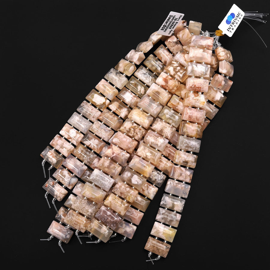 AAA Double Drilled Natural Translucent Pink Peach Cherry Blossom Agate Aka Flower Agate 20x10mm Rectangle Title Bracelet Beads 8" Strand