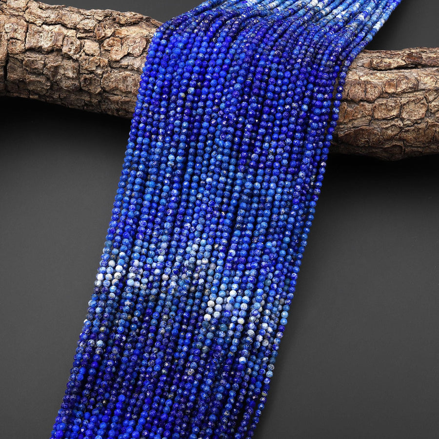 Faceted Natural Blue Lapis Round Beads 2mm Ombre Gemstone 15.5" Strand