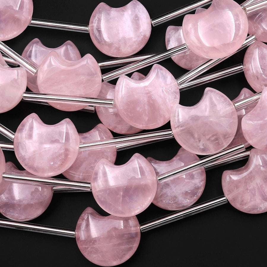 Natural Pink Rose Quartz Hand Carved Puffy Crescent Moon Gemstone Beads 22x20mm Vertically Drilled 8" Strand